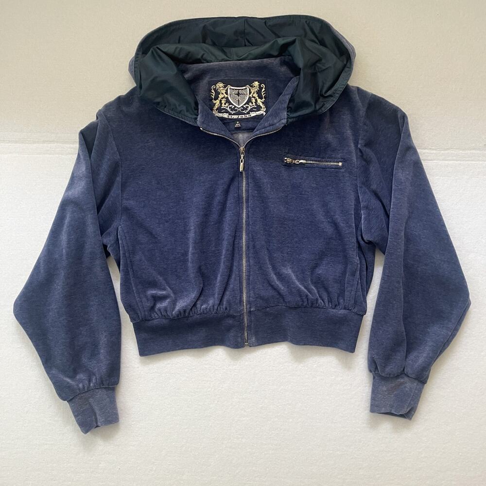 Vintage Y2K St. John Sport Blue Velour Cropped Hooded Zip Jacket P USA